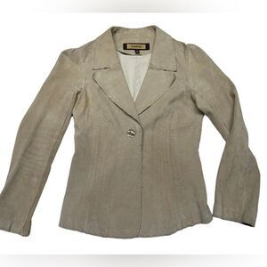 Bebe Genuine  Leather Suede Jacket Button Blazer Coat Collar Tan Cream Neutral